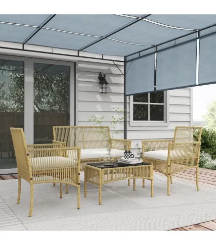 Juego de 4 Piezas Muebles de Terraza con 1 Sofá de 2 Plazas 2 Sillones y 1 Mesa de Centro con Encimera de Cristal Beige