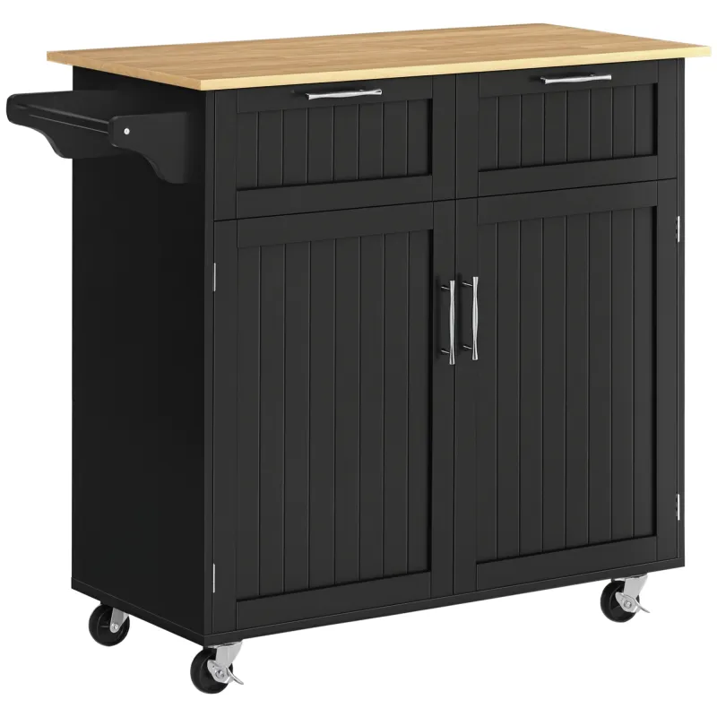 Mueble Auxiliar de Cocina con Ruedas 2 Cajones 2 Puertas Estante Ajustable y Toallero 104x46x91 cm Negro