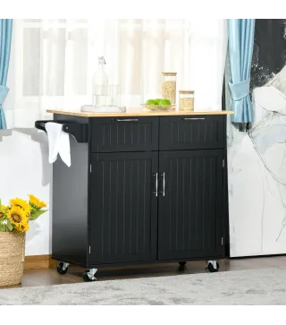 Mueble Auxiliar de Cocina con Ruedas 2 Cajones 2 Puertas Estante Ajustable y Toallero 104x46x91 cm Negro