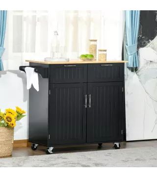 Mueble Auxiliar de Cocina con Ruedas 2 Cajones 2 Puertas Estante Ajustable y Toallero 104x46x91 cm Negro