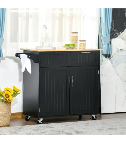 Mueble Auxiliar de Cocina con Ruedas 2 Cajones 2 Puertas Estante Ajustable y Toallero 104x46x91 cm Negro