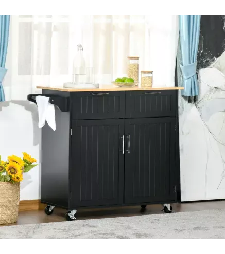 Mueble Auxiliar de Cocina con Ruedas 2 Cajones 2 Puertas Estante Ajustable y Toallero 104x46x91 cm Negro