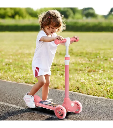 Patinete Infantil Patinete con 3 Ruedas Luces LED Altura Ajustable Carga 25 kg 52x29x63-76 cm Rosa