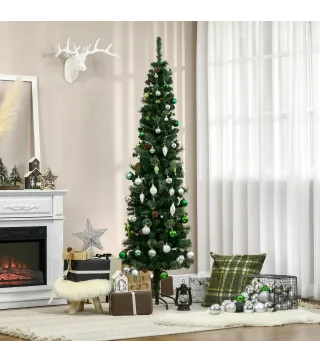 Árbol de Navidad 195 cm de 556 Ramas Árbol de Navidad Estrecho Forma de Lápiz con 25 Piñas Base Plegable Verde