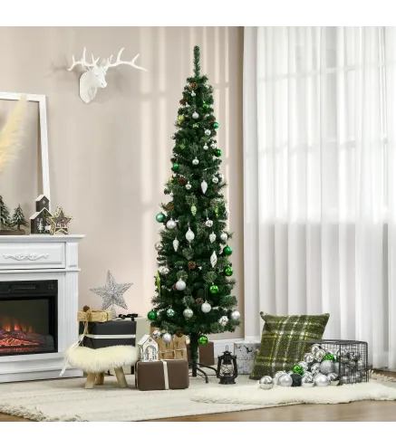 Árbol de Navidad 195 cm de 556 Ramas Árbol de Navidad Estrecho Forma de Lápiz con 25 Piñas Base Plegable Verde