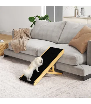 Rampa para Mascotas de Madera con Altura Ajustable en 4 Niveles para Perros Pequeños y Medianos 83,5x35x47,5 cm Natural