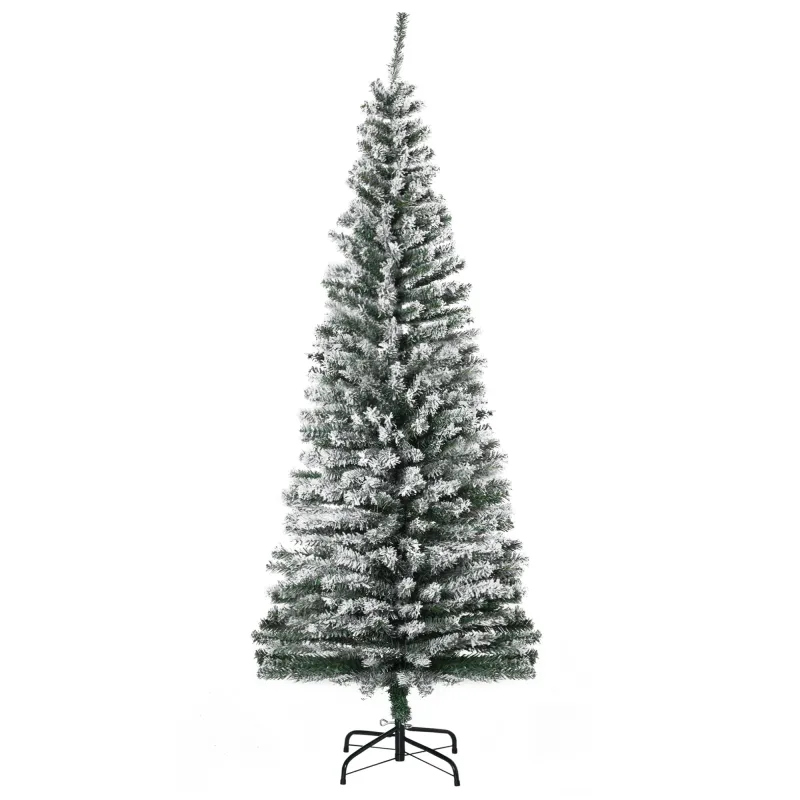 Árbol de Navidad Estrecho 180 cm Árbol Navideño Nevado con 492 Ramas y Soporte de Metal para Salón Verde y Blanco