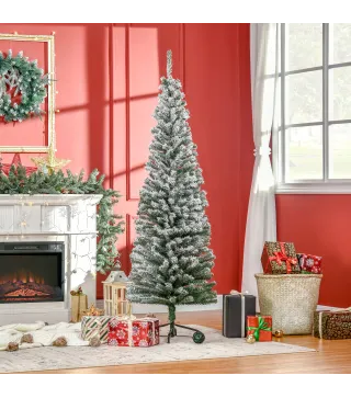 Árbol de Navidad Estrecho 180 cm Árbol Navideño Nevado con 492 Ramas y Soporte de Metal para Salón Verde y Blanco