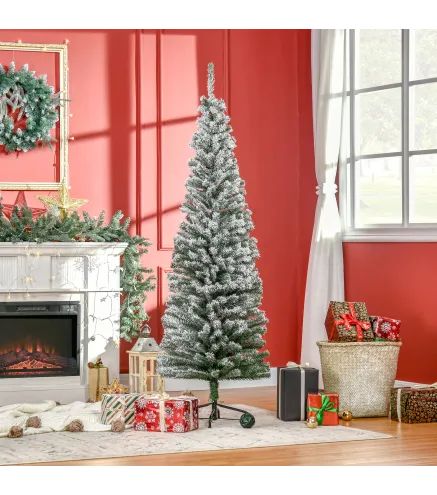 Árbol de Navidad Estrecho 180 cm Árbol Navideño Nevado con 492 Ramas y Soporte de Metal para Salón Verde y Blanco