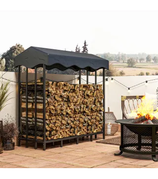 Leñero con Cubierta Soporte para Leña para Exterior con Estructura Reforzada Impermeable 143x70x145 cm Negro