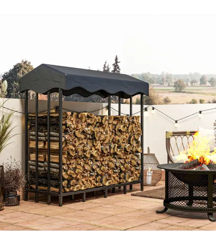 Leñero con Cubierta Soporte para Leña para Exterior con Estructura Reforzada Impermeable 143x70x145 cm Negro