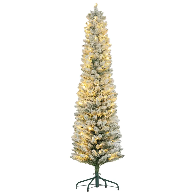 Árbol de Navidad Artificial Nevado 180 cm con 150 Luces LED 329 Ramas y Patas de Metal para Salón Verde y Blanco