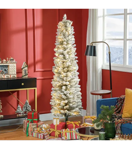 Árbol de Navidad Artificial Nevado 180 cm con 150 Luces LED 329 Ramas y Patas de Metal para Salón Verde y Blanco