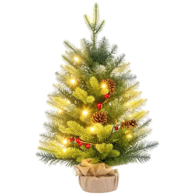 Árbol de Navidad Sobremesa 60 cm con 20 Luces LED 141 Ramas 5 Piñas 5 Racimos de Bayas Rojas y Soporte de Metal Verde