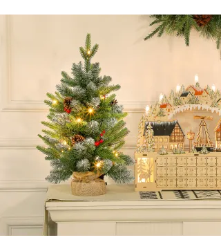 Árbol de Navidad Sobremesa 60 cm con 20 Luces LED 141 Ramas 5 Piñas 5 Racimos de Bayas Rojas y Soporte de Metal Verde