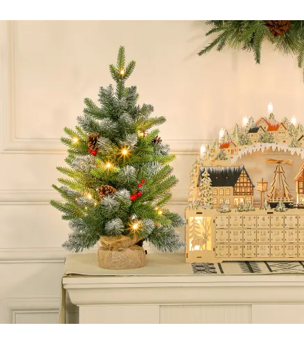 Árbol de Navidad Sobremesa 60 cm con 20 Luces LED 141 Ramas 5 Piñas 5 Racimos de Bayas Rojas y Soporte de Metal Verde