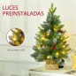 Árbol de Navidad Sobremesa 60 cm con 20 Luces LED 141 Ramas 5 Piñas 5 Racimos de Bayas Rojas y Soporte de Metal Verde