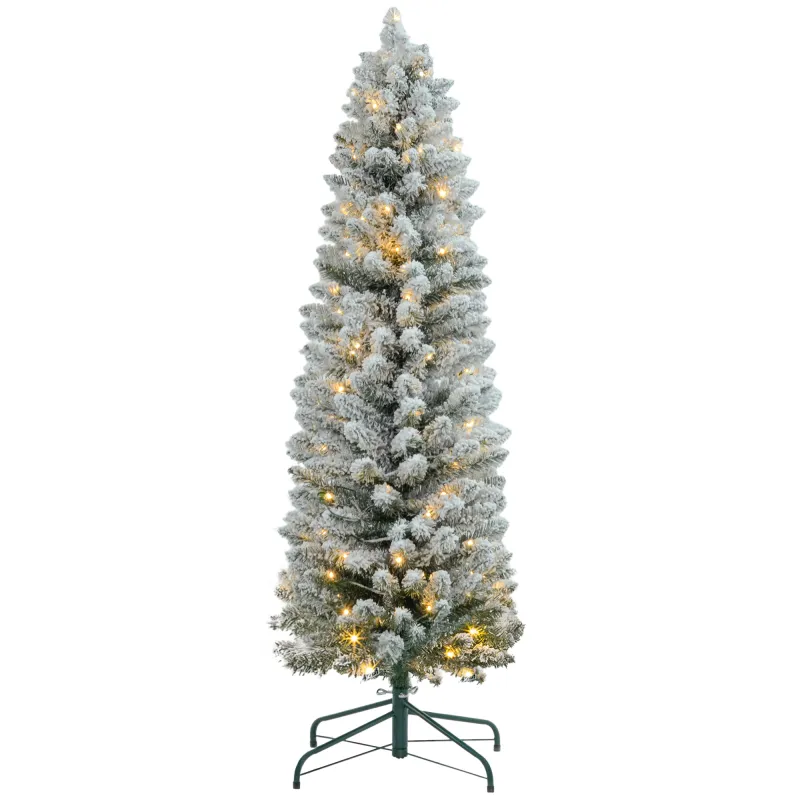 Árbol de Navidad Artificial Nevado 150 cm con 120 Luces LED 263 Ramas y Patas de Metal para Salón Verde y Blanco