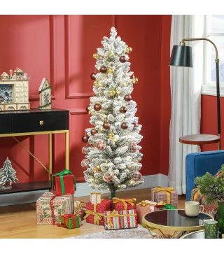 Árbol de Navidad Artificial Nevado 150 cm con 120 Luces LED 263 Ramas y Patas de Metal para Salón Verde y Blanco