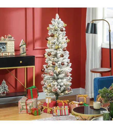 Árbol de Navidad Artificial Nevado 150 cm con 120 Luces LED 263 Ramas y Patas de Metal para Salón Verde y Blanco