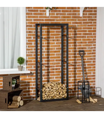 Soporte para Leña de Metal Estante de Leña Leñero de Exterior para Interior y Exterior Carga 100 kg 60x25x150 cm Negro