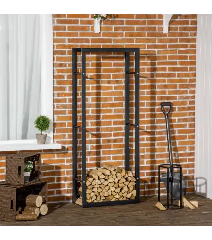 Soporte para Leña de Metal Estante de Leña Leñero de Exterior para Interior y Exterior Carga 100 kg 60x25x150 cm Negro
