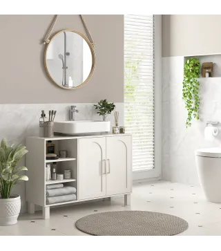 Mueble bajo Lavabo Mueble de Baño Moderno con 2 Puertas y Estantes Ajustables 90x30x63 cm Crema