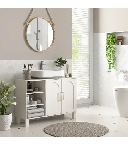 Mueble bajo Lavabo Mueble de Baño Moderno con 2 Puertas y Estantes Ajustables 90x30x63 cm Crema