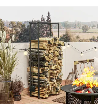 Soporte para Leña Extensible Leñero con 4 Ganchos para Interior y Exterior 40-65x25x100-150 cm Carga 100 kg Negro