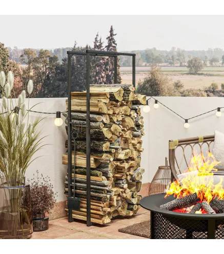 Soporte para Leña Extensible Leñero con 4 Ganchos para Interior y Exterior 40-65x25x100-150 cm Carga 100 kg Negro