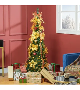 Árbol de Navidad Plegable con Luces LED en Blanco Cálido y Adornos Pre-instalados para Interior Ø50x150 cm Verde