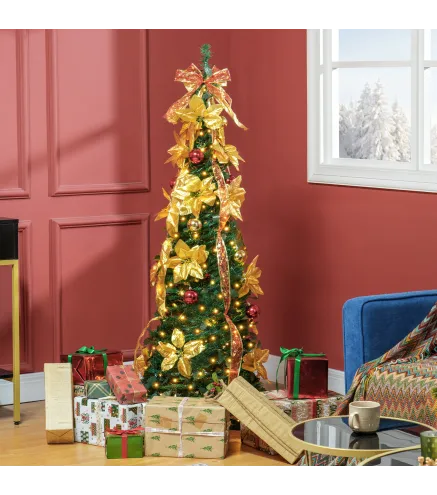 Árbol de Navidad Plegable con Luces LED en Blanco Cálido y Adornos Pre-instalados para Interior Ø50x150 cm Verde