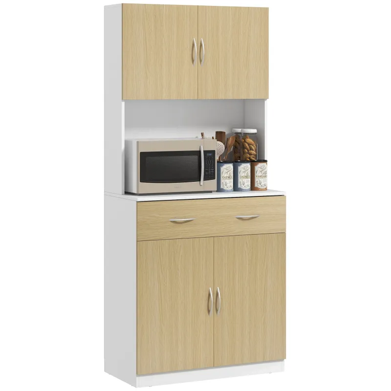 Mueble Auxiliar de Cocina con Puertas Cajón y Estantes Ajustables Antivuelco 80x40x180 cm Natural y Blanco