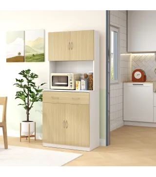 Mueble Auxiliar de Cocina con Puertas Cajón y Estantes Ajustables Antivuelco 80x40x180 cm Natural y Blanco