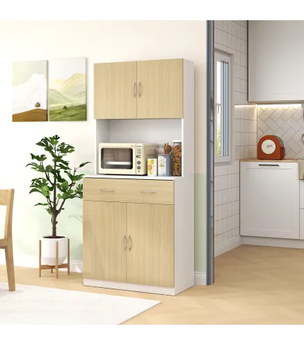 Mueble Auxiliar de Cocina con Puertas Cajón y Estantes Ajustables Antivuelco 80x40x180 cm Natural y Blanco
