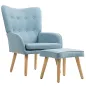 Sillón con Reposapiés Sillón Lectura con Respaldo Alto Capitoné Patas de Madera y Tapizado en Lino Azul Claro