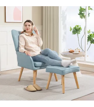 Sillón con Reposapiés Sillón Lectura con Respaldo Alto Capitoné Patas de Madera y Tapizado en Lino Azul Claro