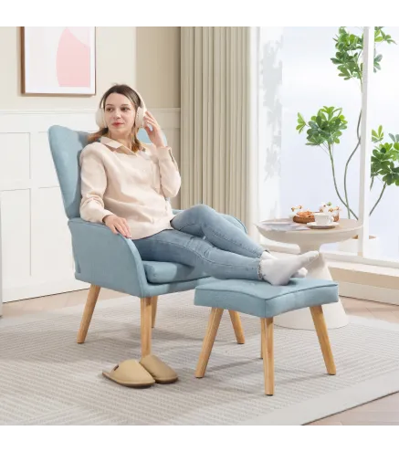 Sillón con Reposapiés Sillón Lectura con Respaldo Alto Capitoné Patas de Madera y Tapizado en Lino Azul Claro