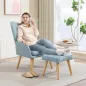 Sillón con Reposapiés Sillón Lectura con Respaldo Alto Capitoné Patas de Madera y Tapizado en Lino Azul Claro