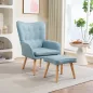 Sillón con Reposapiés Sillón Lectura con Respaldo Alto Capitoné Patas de Madera y Tapizado en Lino Azul Claro