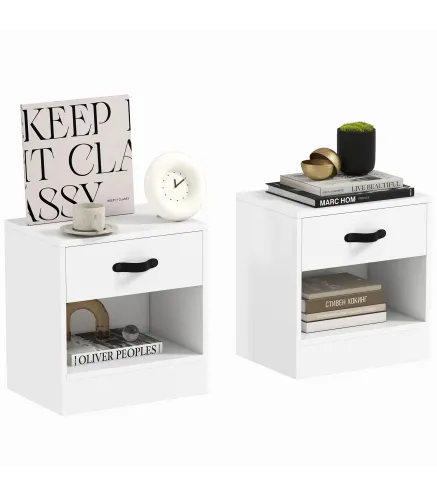 Pack de 2 Mesitas de Noche con Cajón y Compartimento Abierto para Salón 39x28x41 cm Blanco