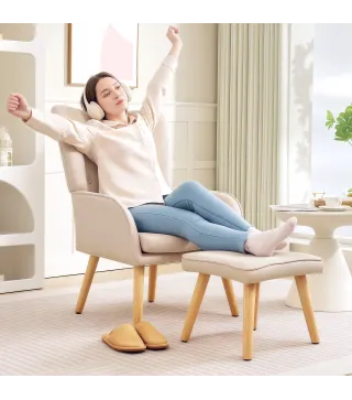 Sillón con Reposapiés Sillón Lectura con Respaldo Alto Capitoné Patas de Madera y Tapizado en Lino Beige