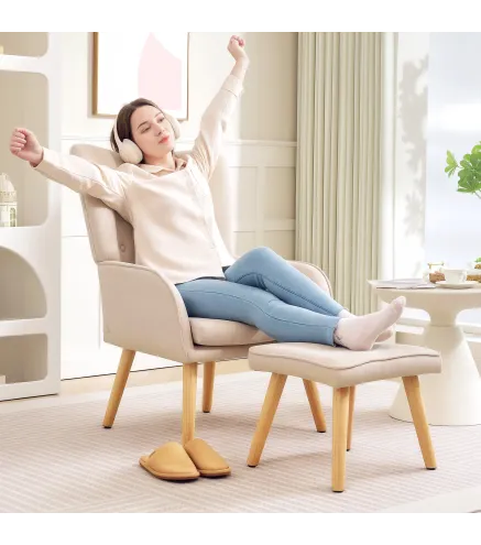 Sillón con Reposapiés Sillón Lectura con Respaldo Alto Capitoné Patas de Madera y Tapizado en Lino Beige
