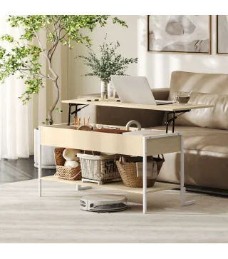 Mesa de Centro Elevable con Cierre Suave Espacio Oculto de Almacenaje y Estante Abierto 95x40x59 cm Natural y Blanco