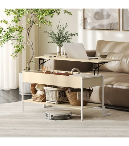 Mesa de Centro Elevable con Cierre Suave Espacio Oculto de Almacenaje y Estante Abierto 95x40x59 cm Natural y Blanco