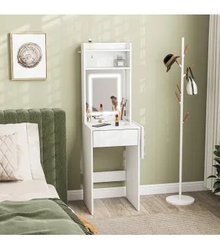 Tocador de Maquillaje con Luces LED de Color Ajustable y Espejo Lateral Abatible Cajón Compartimentos Abiertos Blanco