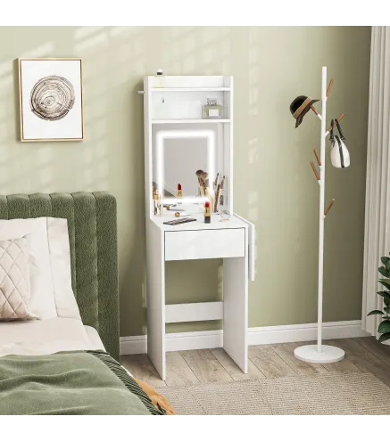 Tocador de Maquillaje con Luces LED de Color Ajustable y Espejo Lateral Abatible Cajón Compartimentos Abiertos Blanco