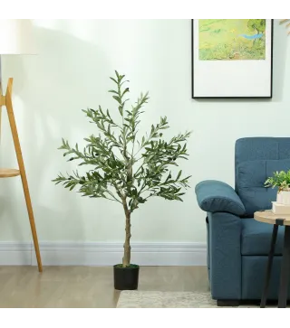 Planta Artificial Decorativa de 120 cm Árbol de Olivo con 450 Hojas y 20 Aceitunas en Maceta para Interior Verde