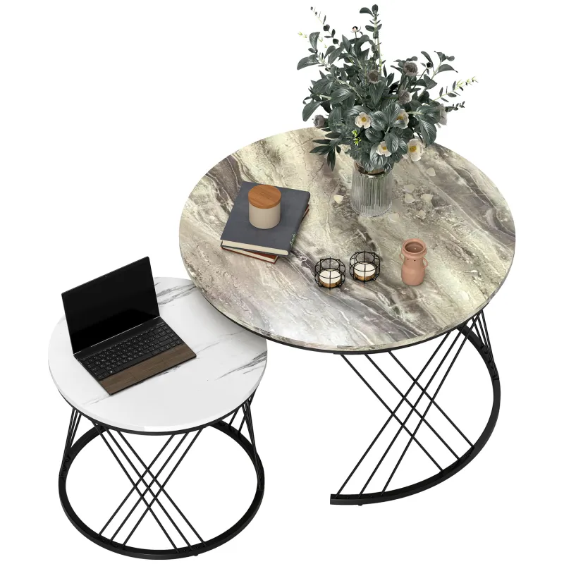 Juego de 2 Mesas Nido Mesas de Centro para Salón Redondas con Tablero con Diseño de Mármol Gris y Blanco