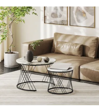 Juego de 2 Mesas Nido Mesas de Centro para Salón Redondas con Tablero con Diseño de Mármol Gris y Blanco